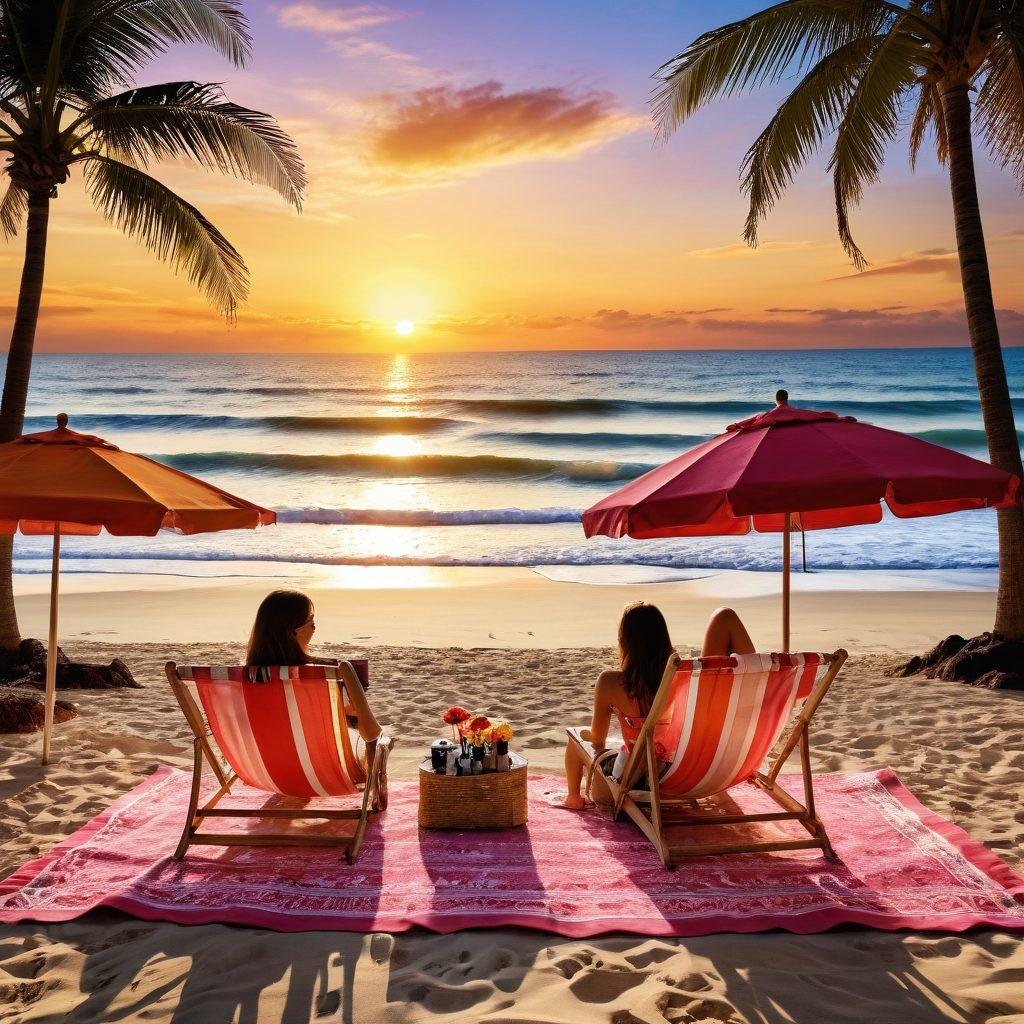 A vibrant beach scene featuring stylish bikinis in various trendy designs, with sunbathers lounging on colorful towels and enjoying tropical drinks. Include a backdrop of golden sand and crystal-clear waves, complemented by a picturesque sunset sky. Add a vintage movie projector casting an outdoor film onto a screen made of shells and beach umbrellas, evoking a fun summer atmosphere. hyper-realistic. vivid colors. summer vibes.
