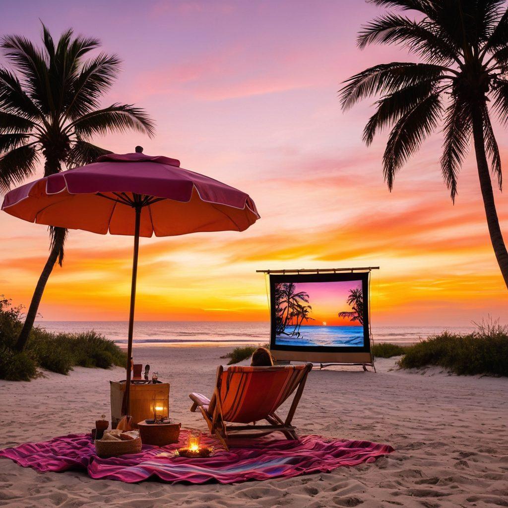 A serene beach scene at sunset, featuring colorful beach towels and umbrellas scattered around, with a vintage projector casting a classic beach movie on a large screen made of driftwood. Palm trees sway gently in the breeze, while friends laugh and enjoy snacks nearby, evoking a relaxed summer atmosphere. The sky is painted in vibrant orange and pink hues, reflecting the sunset. super-realistic. vibrant colors. dreamy sunset.