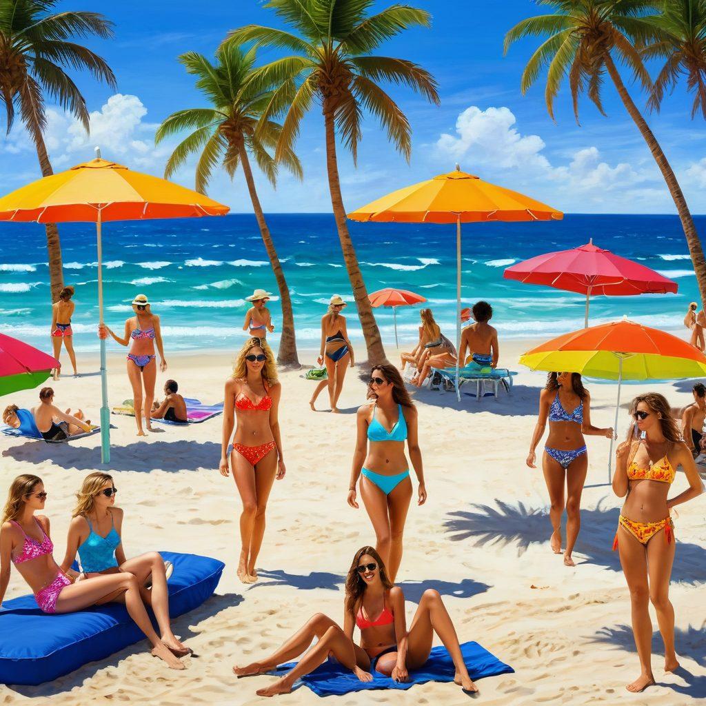 A vibrant beach scene showcasing a diverse group of people wearing fashionable monokinis and trendy two-piece bathing suits. Include a sunny atmosphere with palm trees, colorful beach umbrellas, and sandy shores in the background. Emphasize the latest patterns and styles in swimwear, with a focus on confidence and fun. Capture a sense of summer joy and relaxation. super-realistic. vibrant colors. sunny atmosphere.